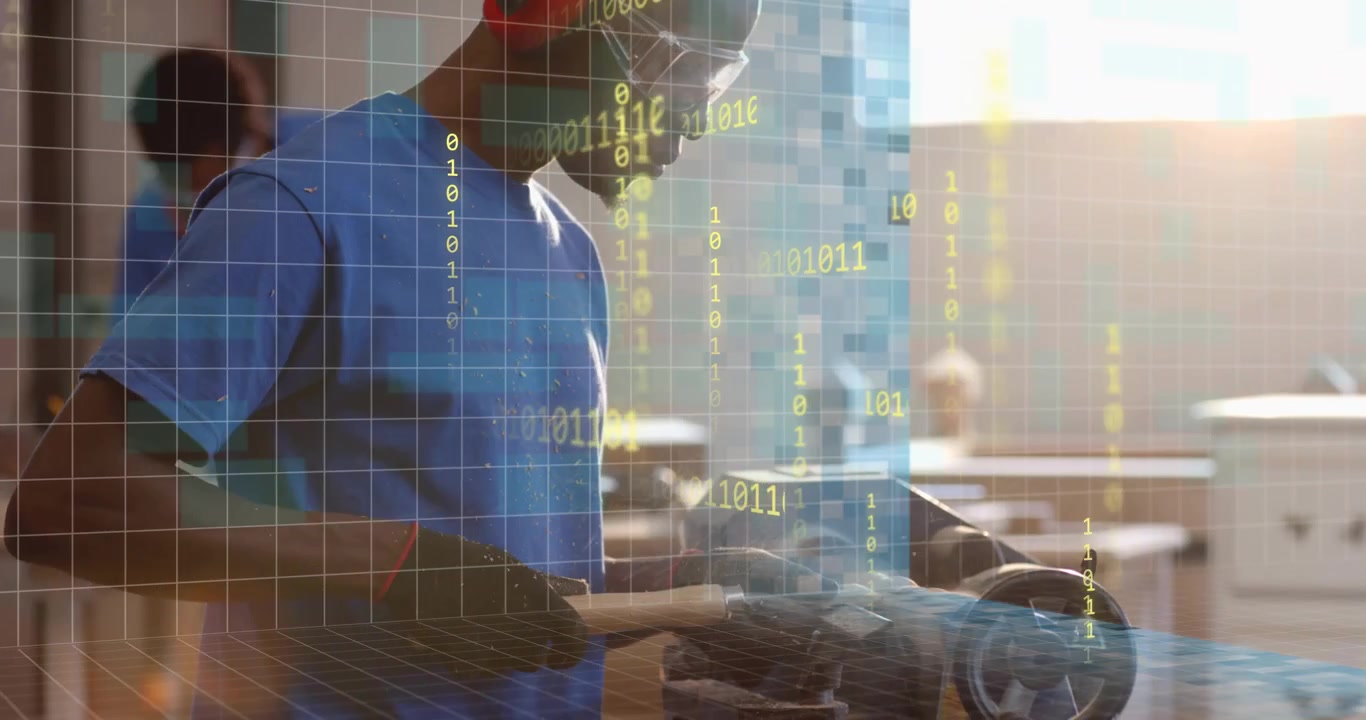 Machinist securing blank onto lathe and chiseling form with binary code overlay guiding precision