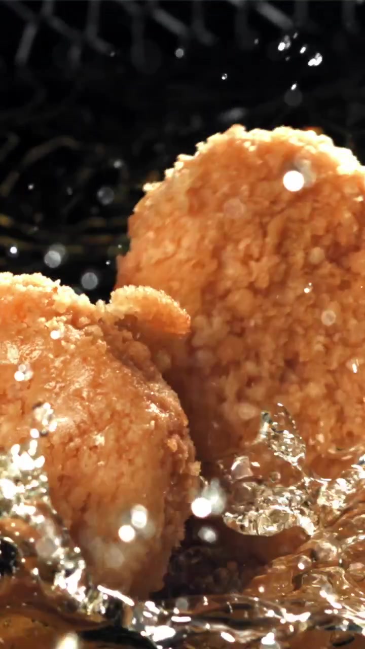 Slow Motion of Breaded Chicken Frying in Hot Oil
