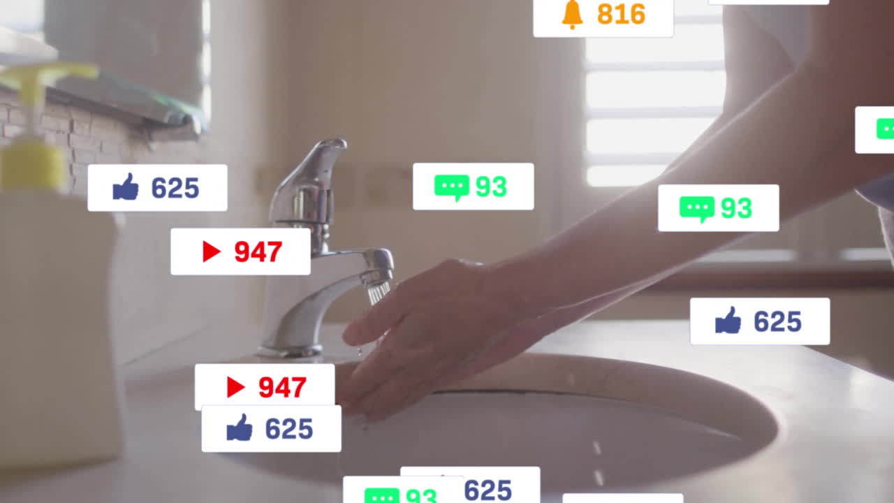Woman washing hands under faucet in bathroom, showcasing floating social media notification icons