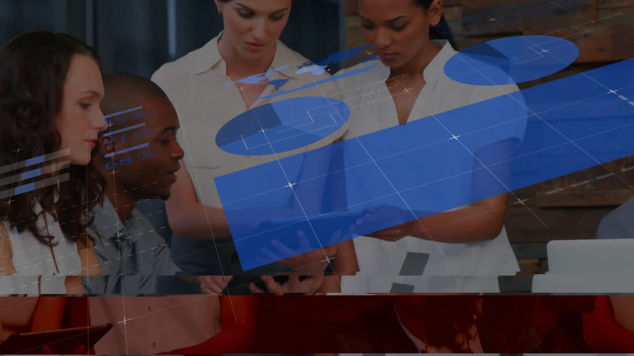 Animation of financial data processing over diverse business people in office