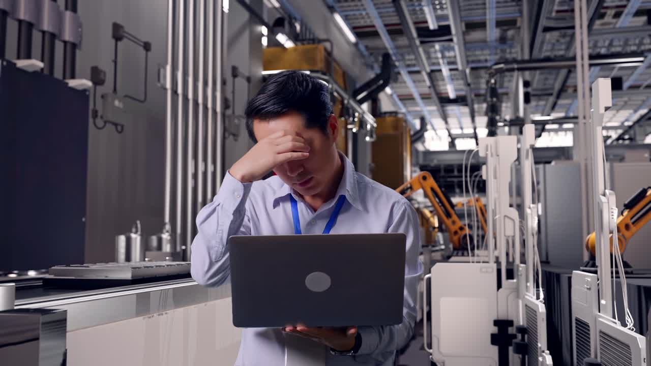 Asian Male Professional Worker Standing With His Laptop, Automated Battery Production Line in a Modern Factory, He Is Nodding His Head With Dissapionted