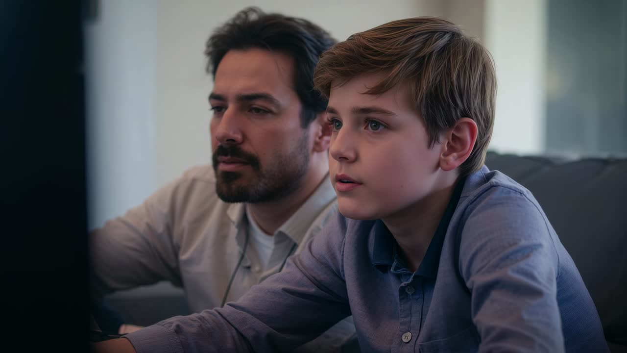 Watching father and son in button-up shirts leaning on sofa to left screen, child checking father