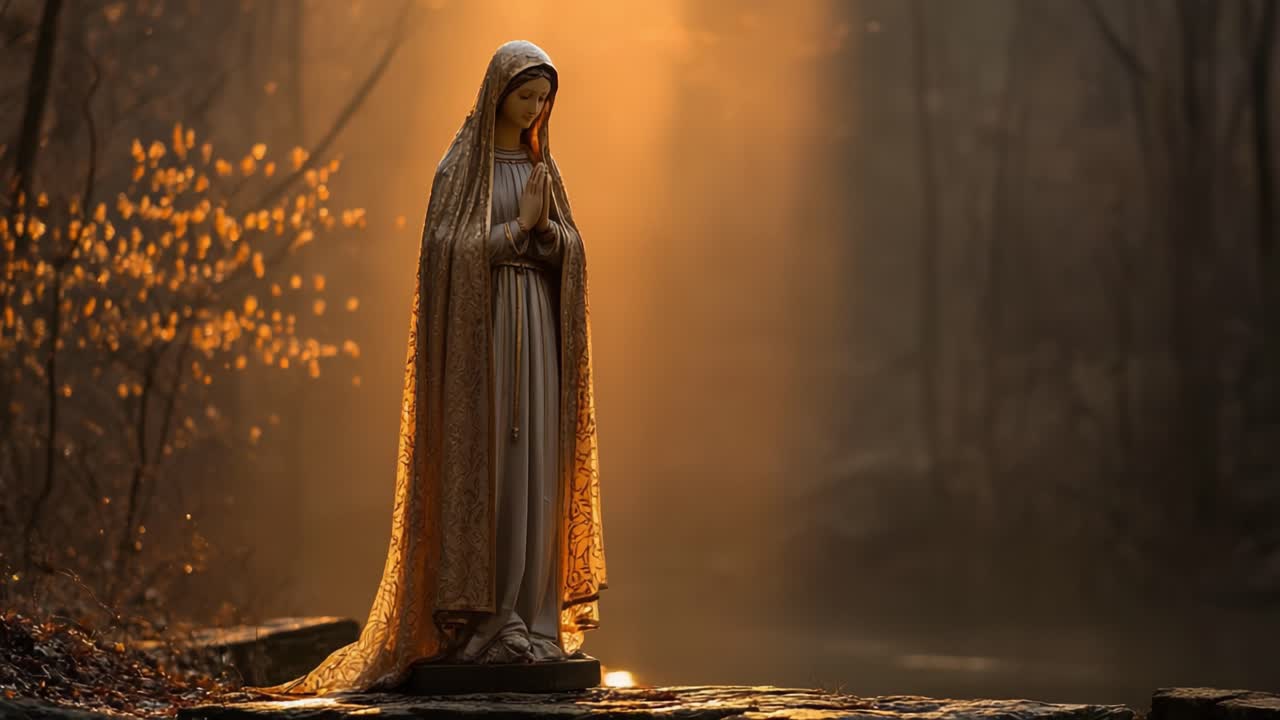 Uma Estátua Serena Iluminada por Raios Dourados: Uma Cena Cativante de Paz e Reflexão na Floresta Nebulosa