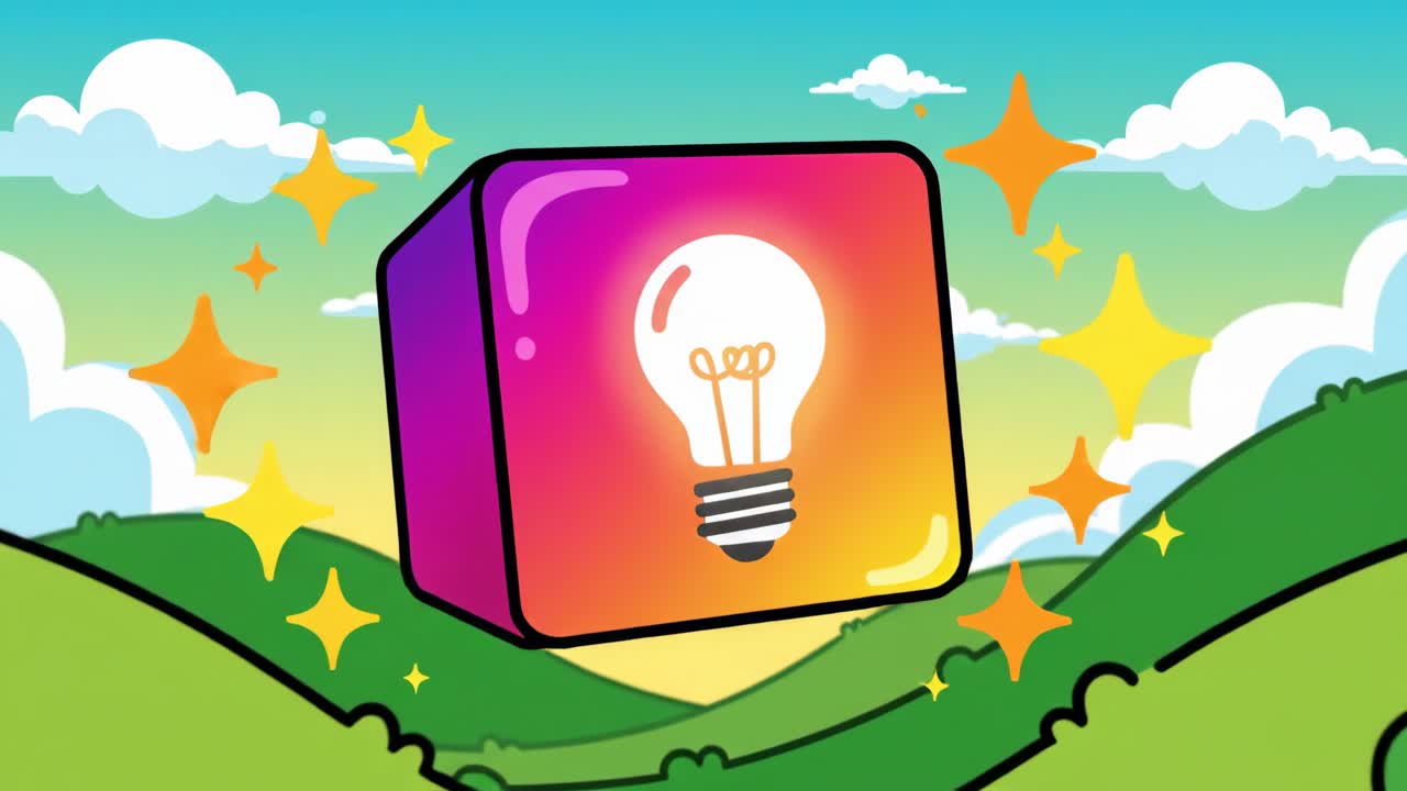 Cartoon Lightbulb Idea Icon on Glowing Cube Animation