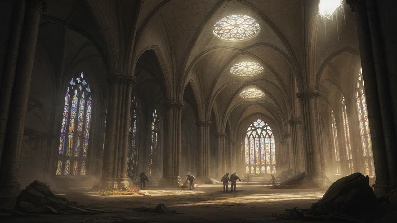 Glimpse into a Forgotten Sanctuary: Ethereal Light and Shadows Dance Amidst the Ruins of an Abandoned Gothic Cathedral with Striking Stained Glass Windows