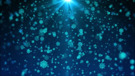 Animation of snowflakes falling blue light rays glowing particles creates magical atmosphere ideal