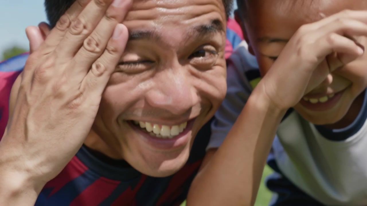 Leaning on soccer field dad and son shielding eyes placing hands on ball wearing red-navy jersey