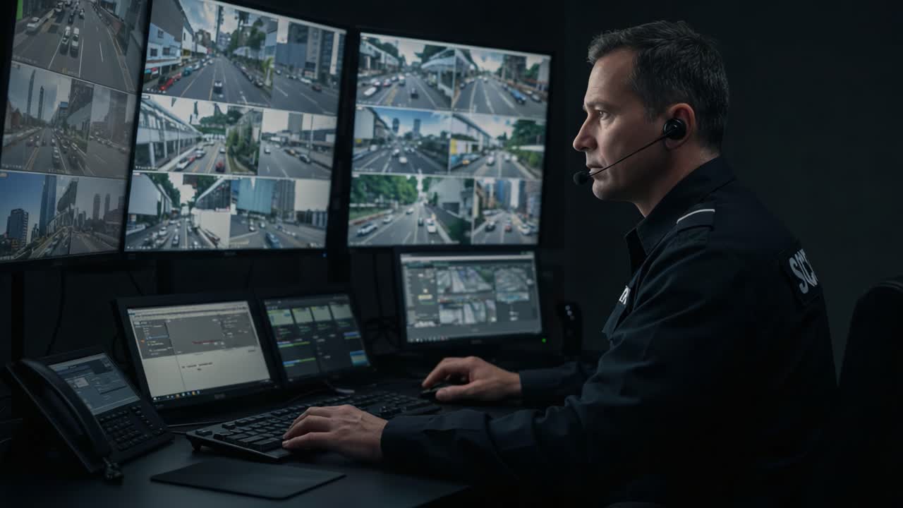 Security Operator Monitoring Multiple Camera Feeds in a Command Center, Ensuring Public Safety Through Vigilant Surveillance and Real-Time Analysis of Urban Traffic