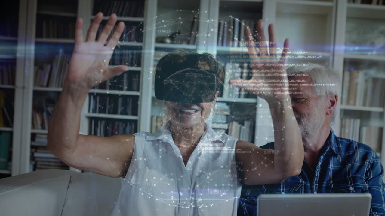 llevando auriculares vr y levantando las manos, mujer experimentando la realidad virtual a través de la red digital