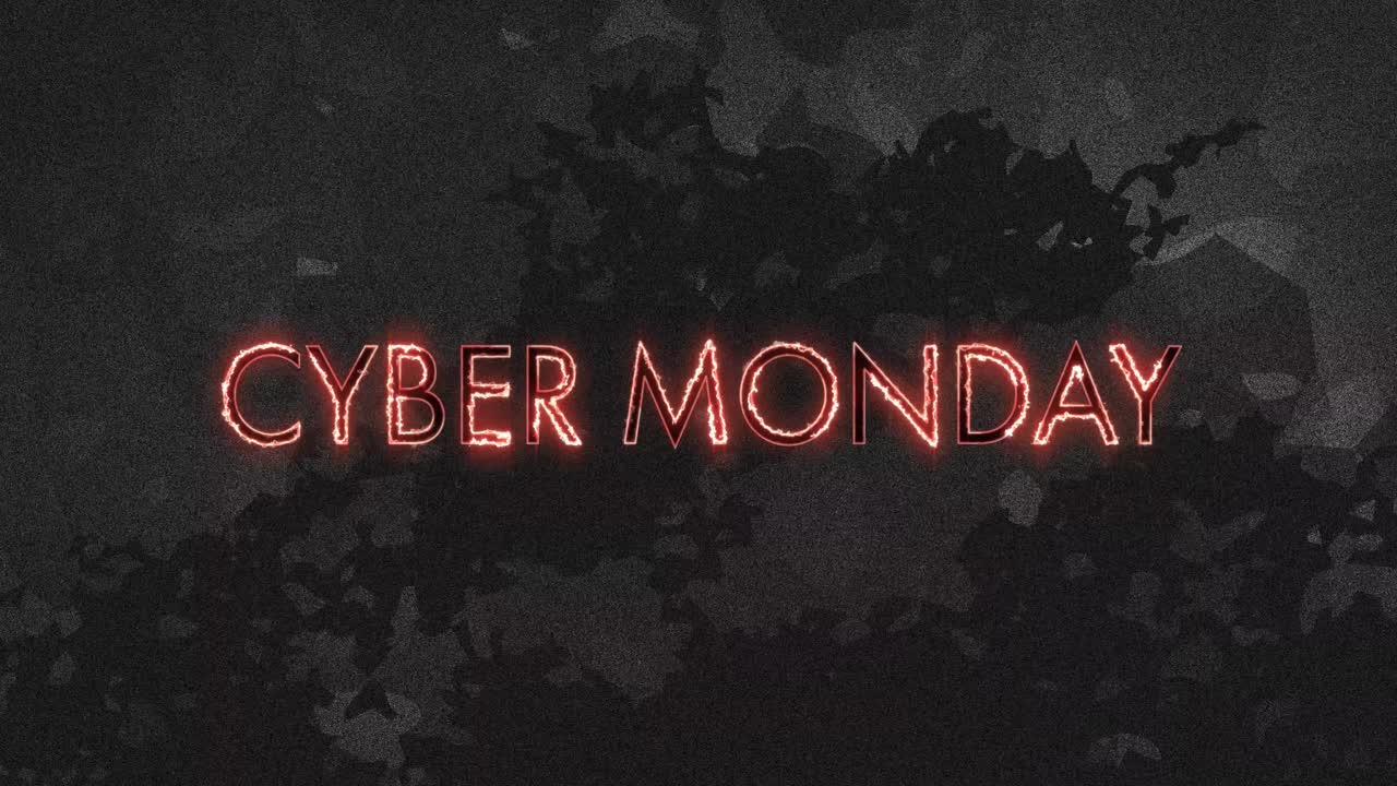 animación del texto del lunes cibernético en llamas sobre un fondo negro angustiado