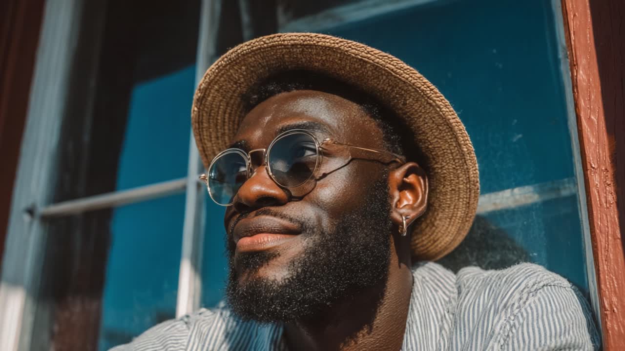 A Stylish Man Enjoying the Sunshine: Capturing the Essence of Relaxation and Confidence with Sunglasses and a Hat Against a Scenic Background