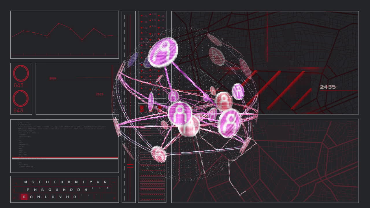 Animation of digital network sphere with nodes over data analysis interface