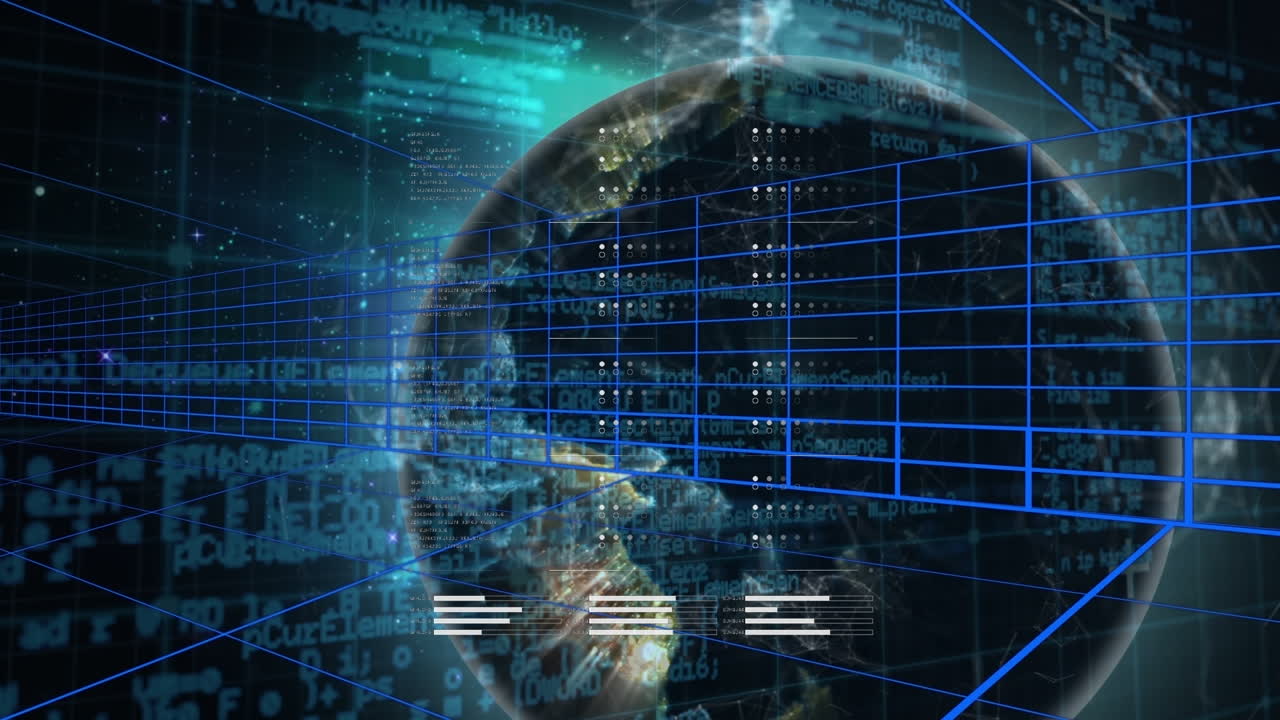 Animation of globe with data processing on black background