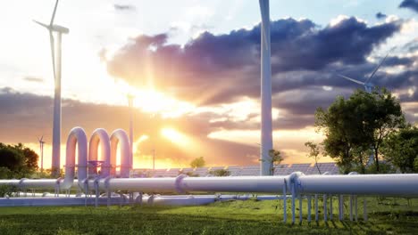 oleoducto de hidrógeno y turbinas eólicas. los paneles fotovoltaicos mejoran la generación de energía limpia. puesta de sol