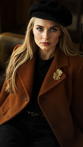 stylish woman in brown coat and black beret
