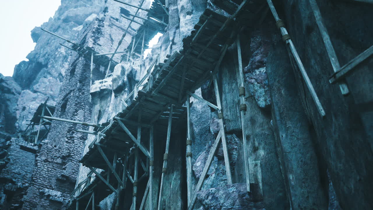 Ancient ruins with scaffolding under gray cloudy sky in mountainous region