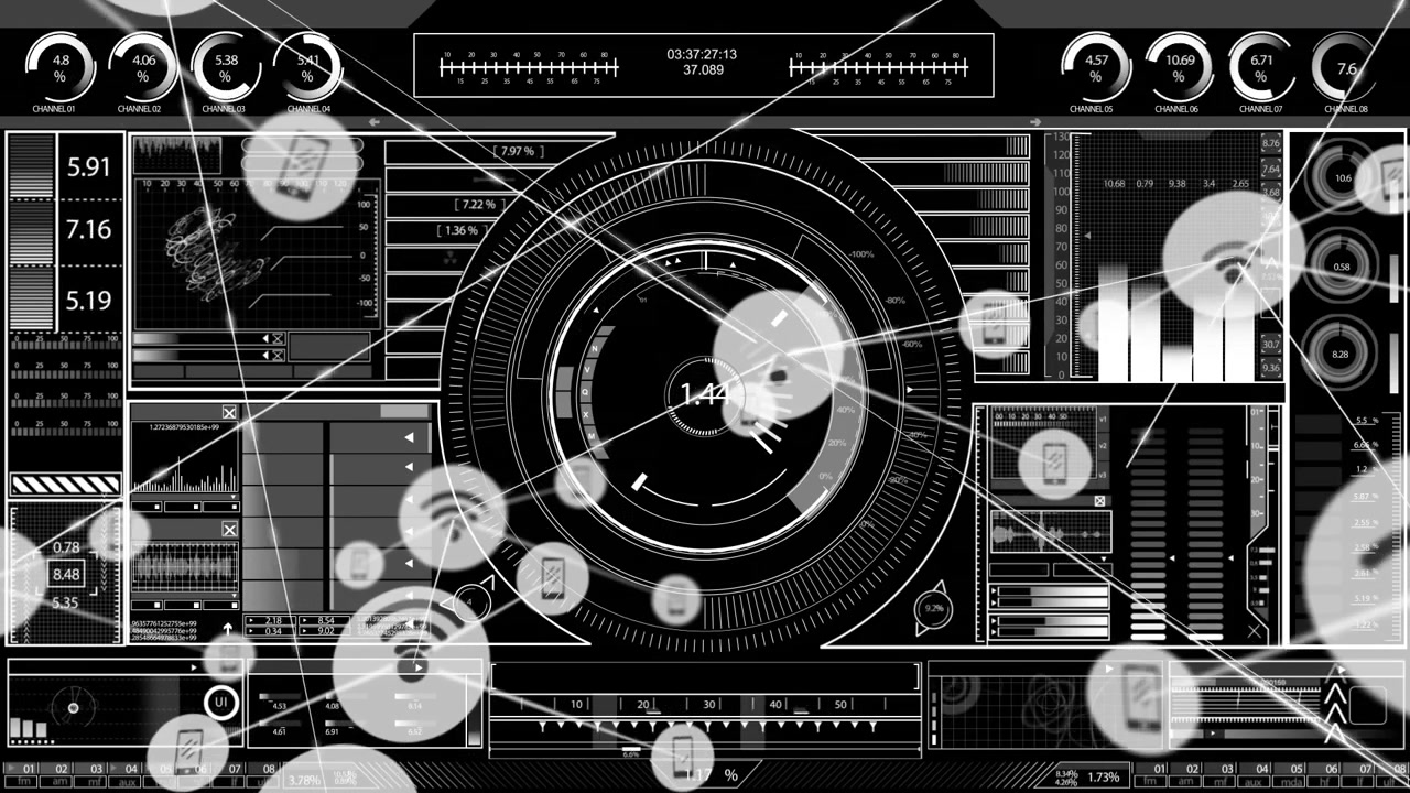 Animation of network of digital icons over interface with data processing against black background