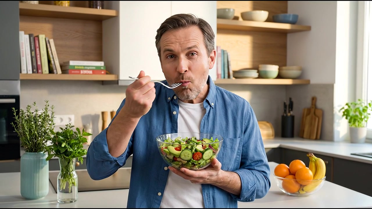 Mann in der Küche genießt frischen Salat mit großer Gabel, frische Orangen und Bananen auf dem Tisch sichtbar