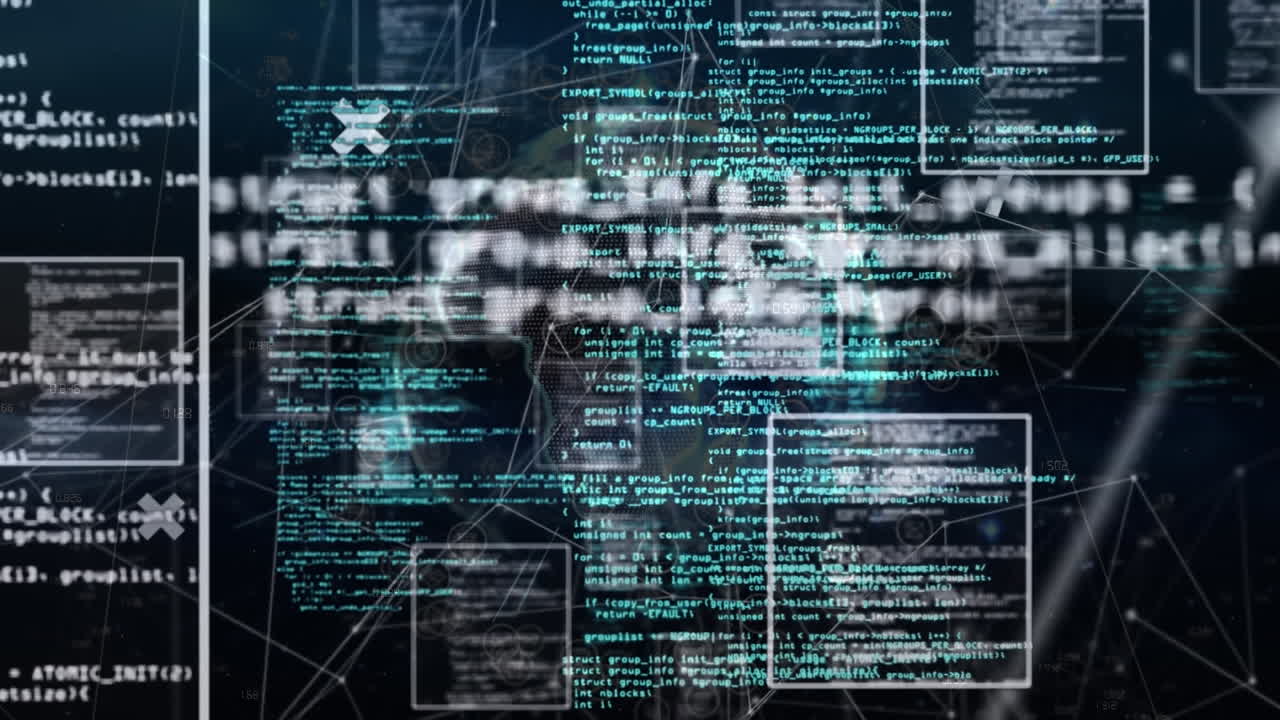 Animation of programming language in squares over globe against connected dots