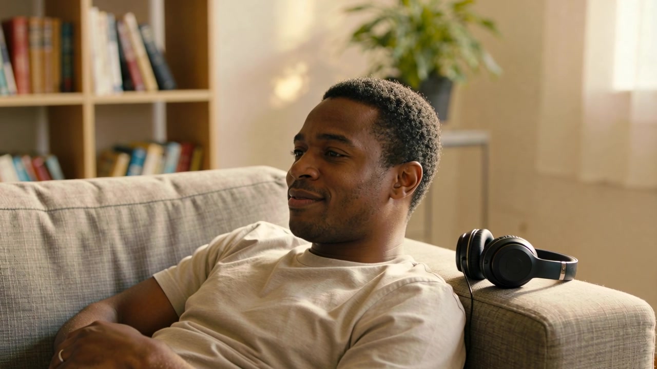 Shifting man in tee tilting, changing smile as sunlight catching eye in living room with headset