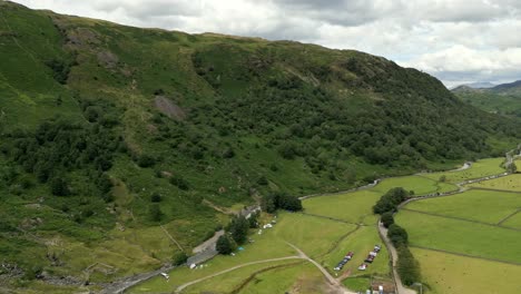 drone aerial footage of seathwaite a small hamlet in borrowdale valley in the lake district of cumbria