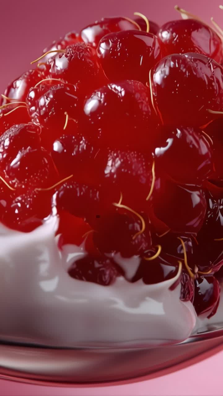 Deliciously Sweet Cherry Dessert: An Exquisite Treat Featuring Juicy Red Cherries Glazed in a Creamy Topping against a Playful Pink Background