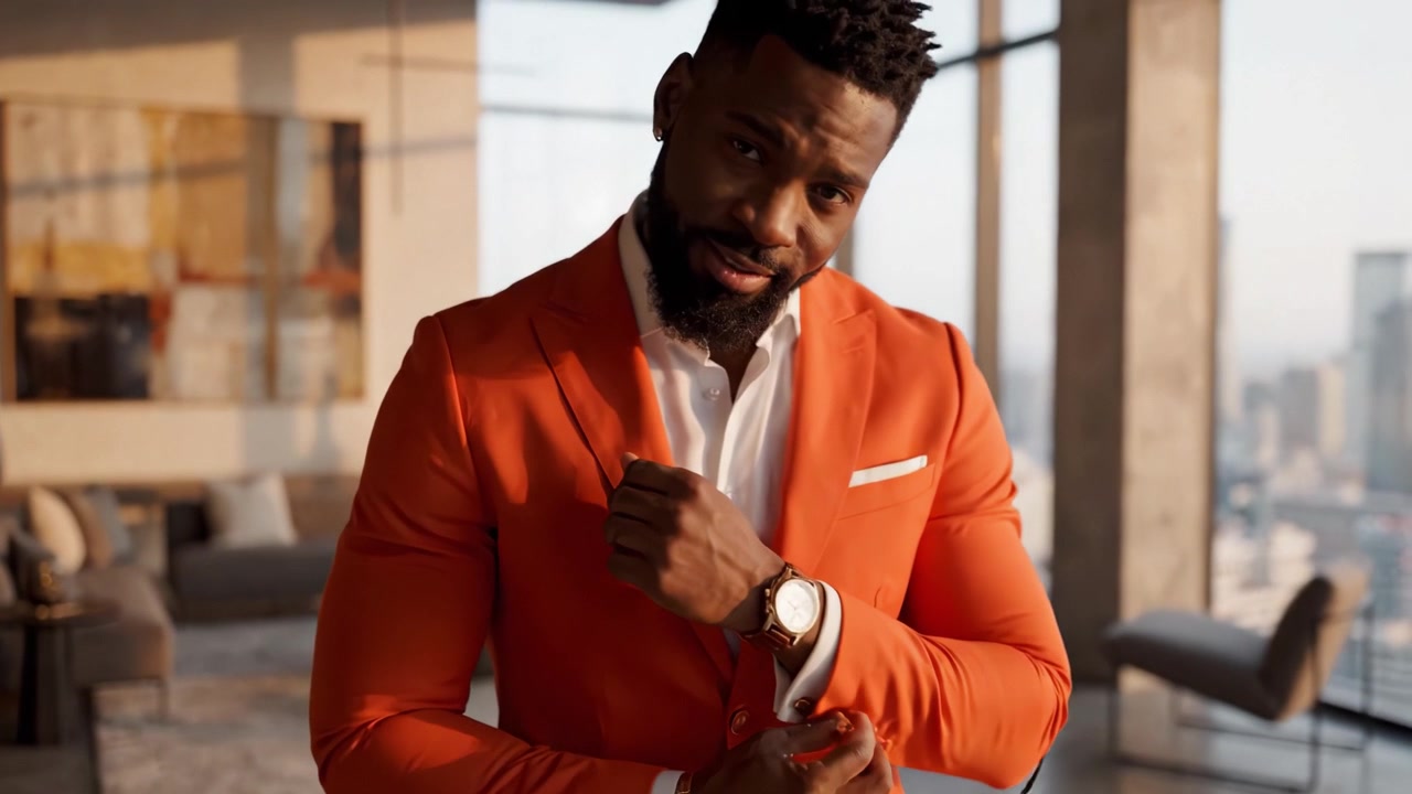 Confident Man in Charismatic Orange Suit Poses in Modern Urban Loft with Stunning City View and Stylish Interior Design