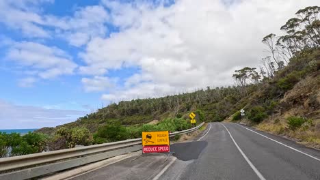 a 15-second journey along the great ocean road, showcasing winding roads, coastal views, and lush greenery under a bright sky