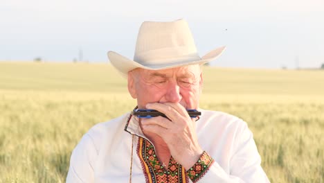 elderly man playing harmonica in a grain field