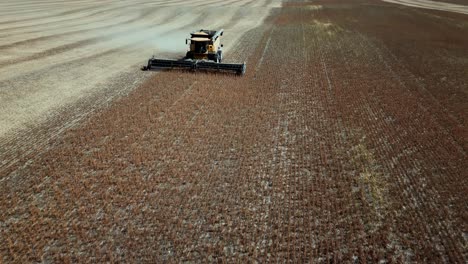 an establishing drone close up reveals a yellow tractor combine harvesting a farm crop under a blue sky