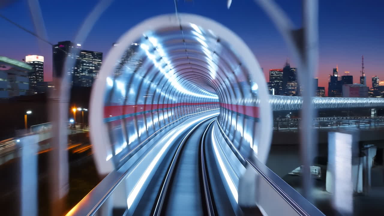 POV di un treno veloce che attraversa un tunnel illuminato di notte