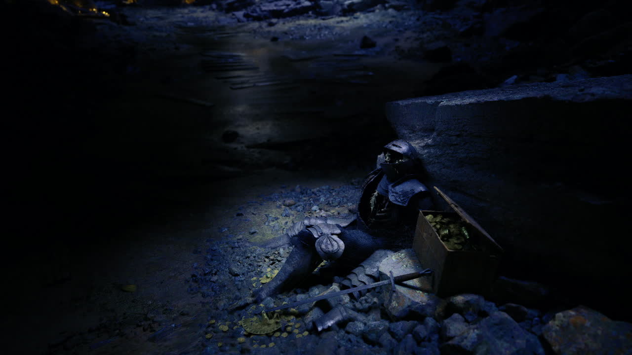 Subtle underground environment featuring wet stones and dim blue light