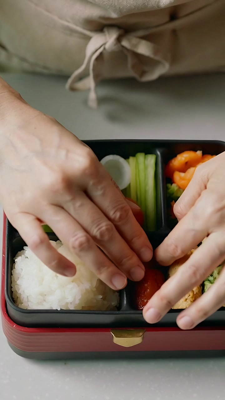 Vertikales Video: Hände in Schürze packen Bento auf Theke, pressen Reis und fügen roten Fisch hinzu
