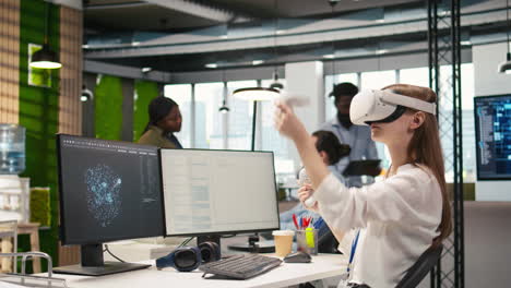 junior dev using virtual reality at work, testing generative ai machine learning