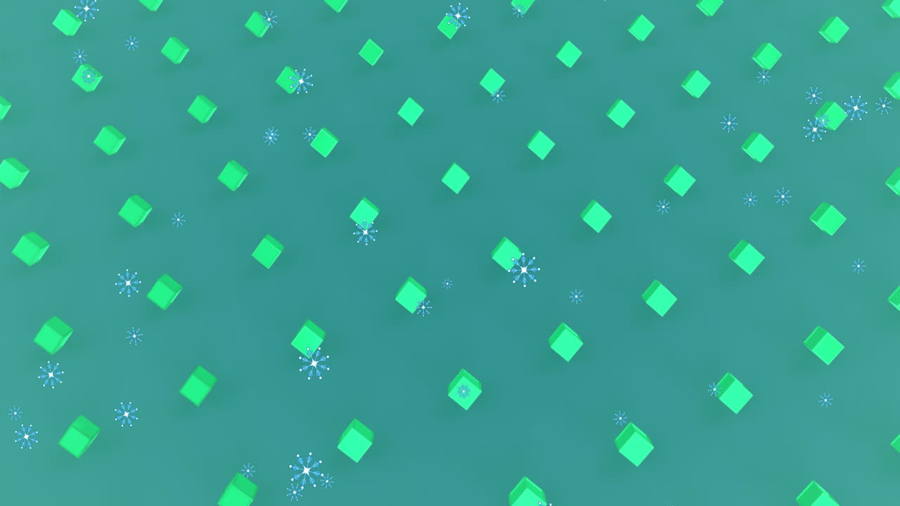 녹색 바탕에 큐브 위에 내리는 눈의 애니메이션