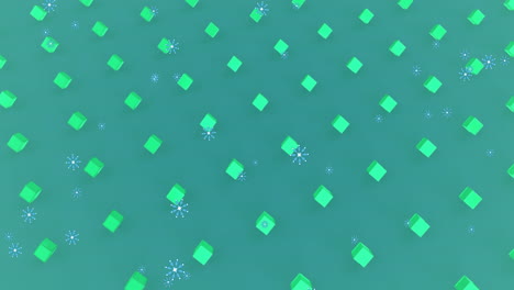 animation of snow falling over cubes on green background