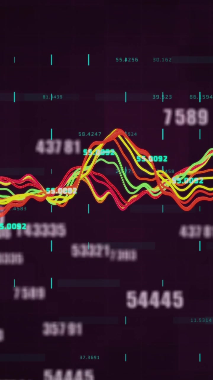 Digital animation of multiple changing numbers and data processing against black background