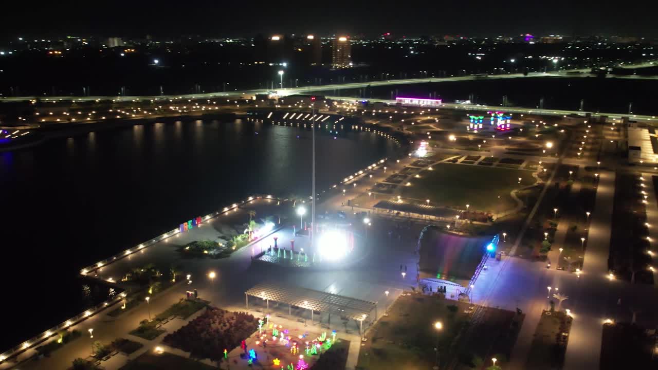 Dubai Fountain Show at Night iconic fountain show at night with illuminated skyscrapers.
