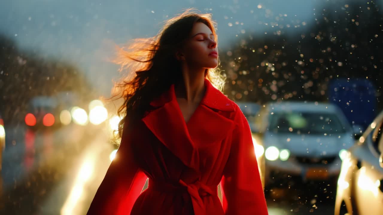 A young woman stands gracefully amidst a snowy urban backdrop, her vibrant red coat contrasting beautifully with the blurred lights of passing cars, creating an enchanting atmosphere of serenity and winter charm