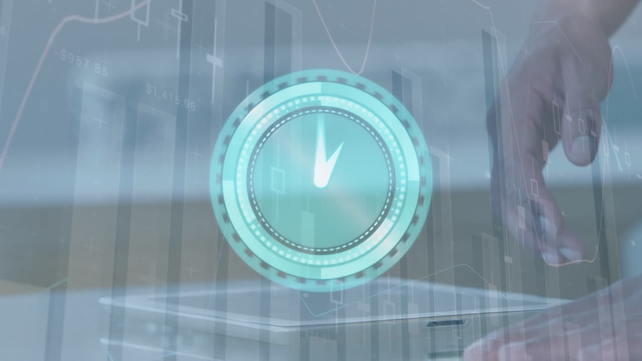 태블릿을 사용하여 손을 통해 시계와 금융 데이터 처리의 애니메이션