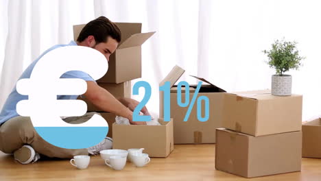 animation of euro sign and percent in purple over caucasian man moving in unpacking box