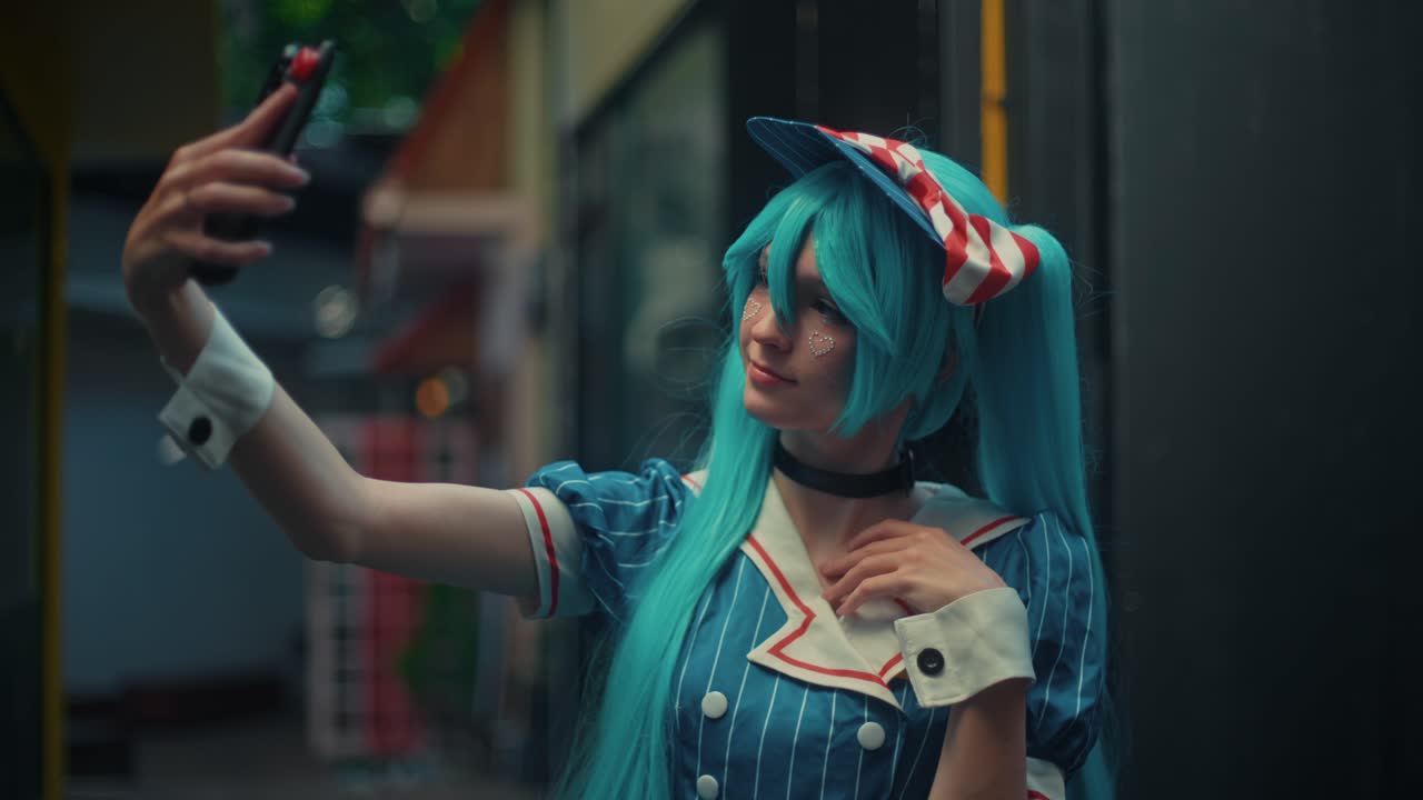 Cosplayer taking a selfie in a city alley