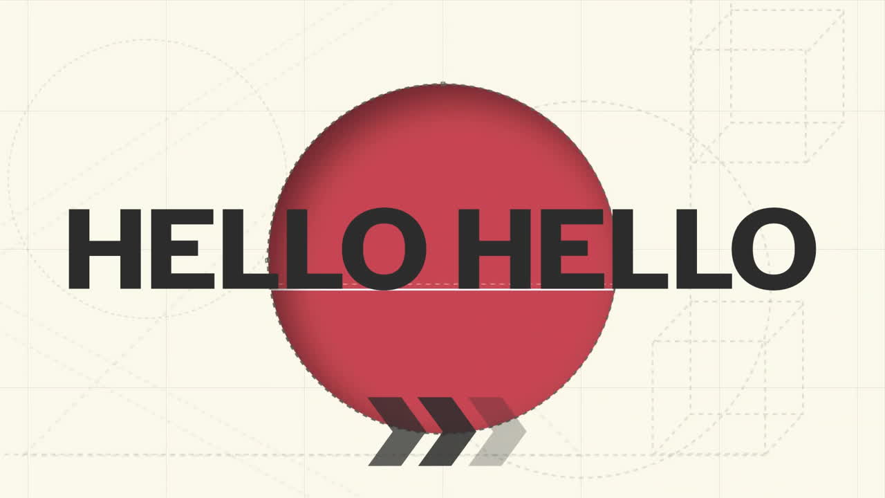 HELLO text animation over red circle and geometric shapes on light background
