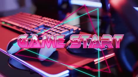 animation of game start text, computer video game equipment on neon background