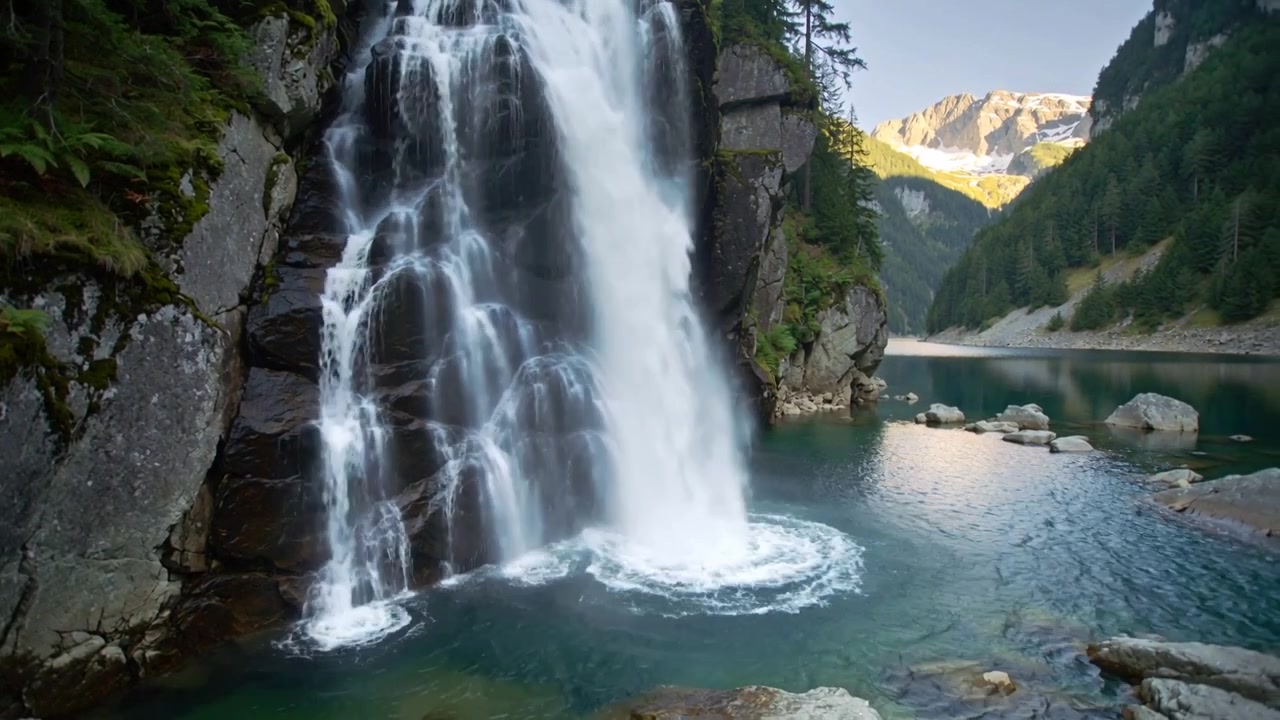 Cascata a più livelli che si riversa dal bordo di una scogliera, creando schiuma in una pozza alpina e un lago