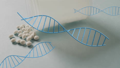 Animation of dna strand over box with pills on white background