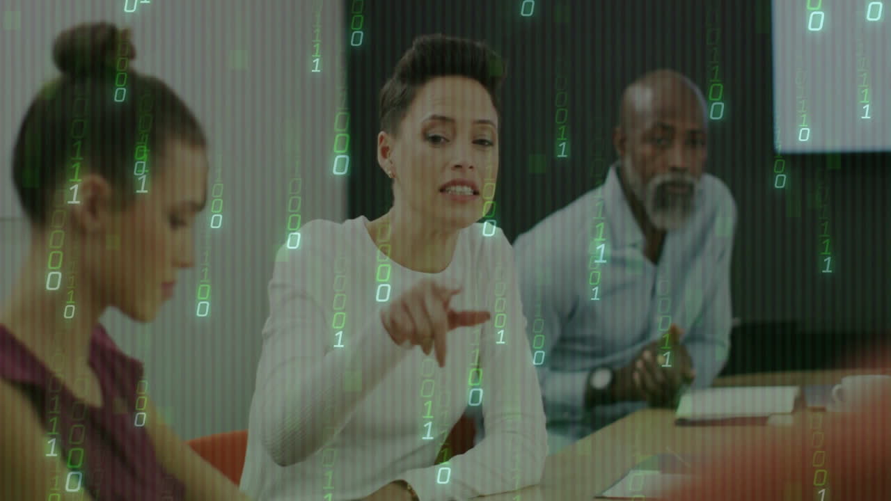 Business meeting discussion with binary code animation overlaying diverse team