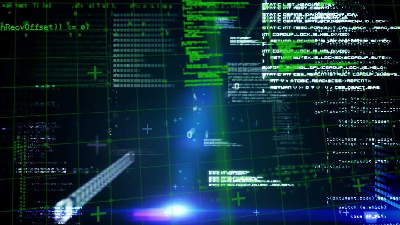 Animation of green shapes over data processing on black background