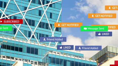 animation of social media text on banners with digital icons over cityscape