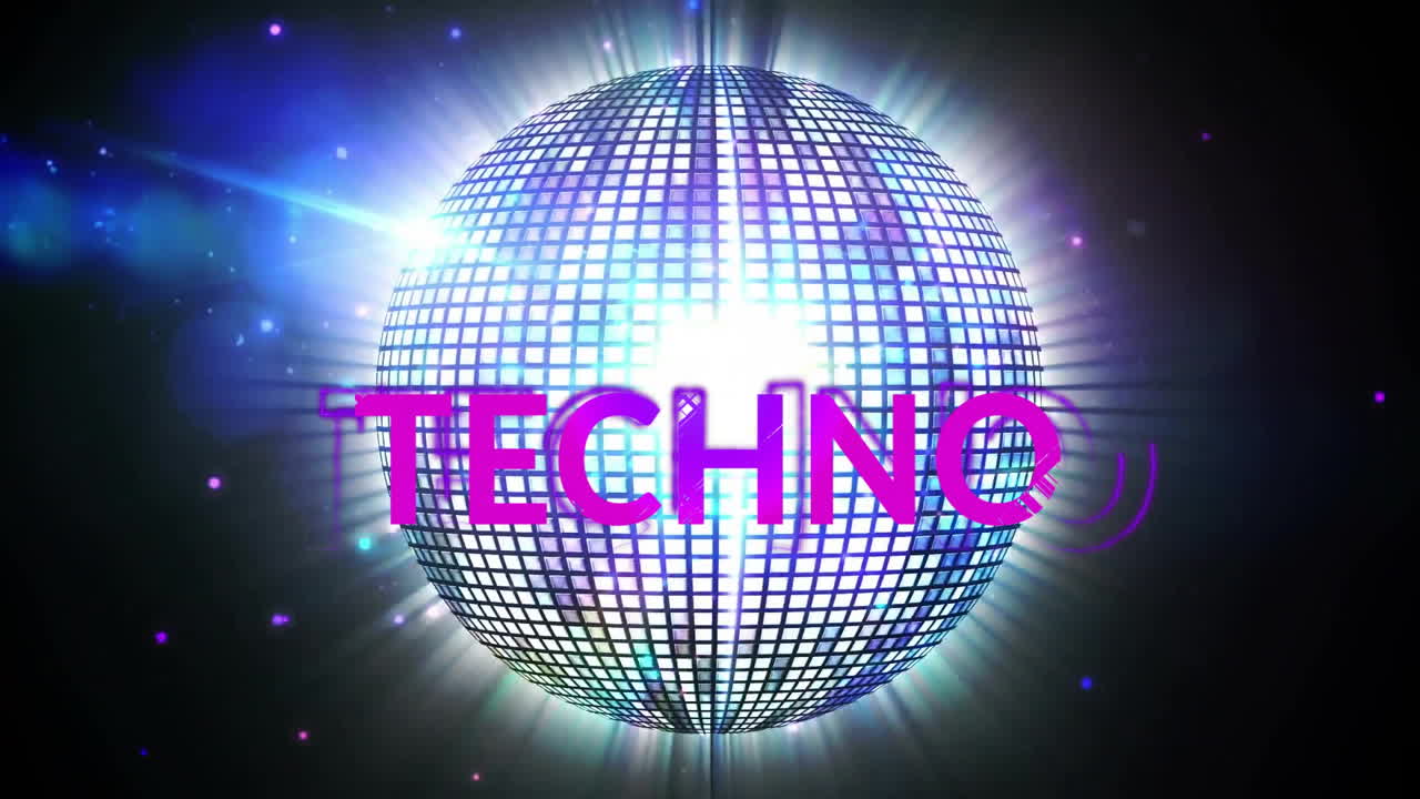 Animation of techno text over spots and disco ball moving